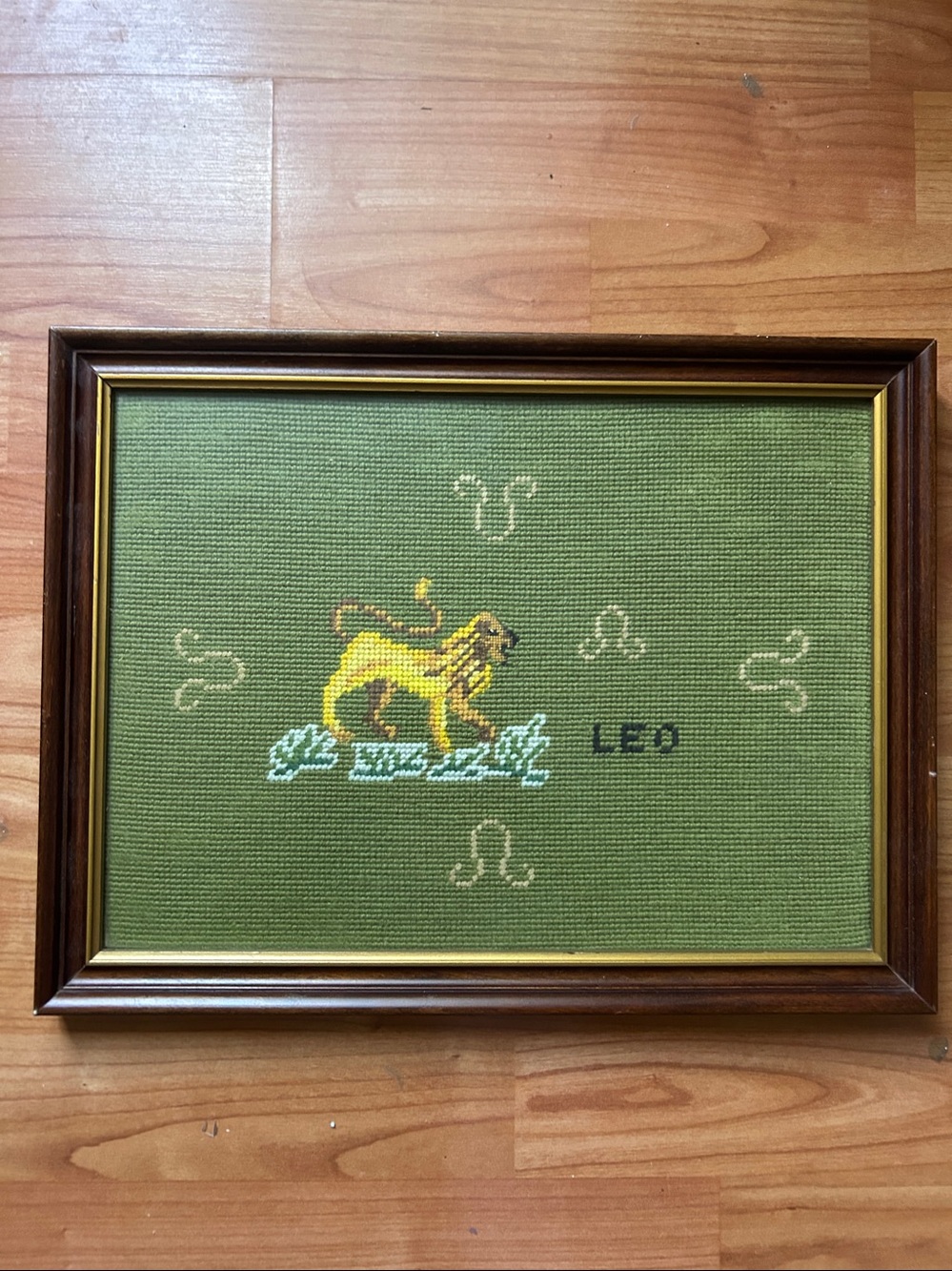 VINTAGE NEEDLEPOINT Green Leo Zodiac Wall Art with Gold Lion Accent. HEAVY SOLID